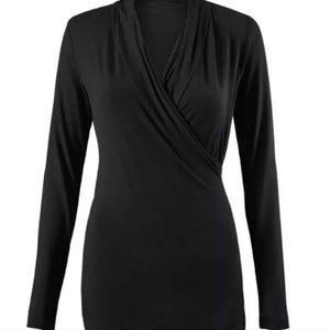 Cabi 3064 Black Crossover Faux Wrap Blouse Tunic Top Long Sleeve Small Soft